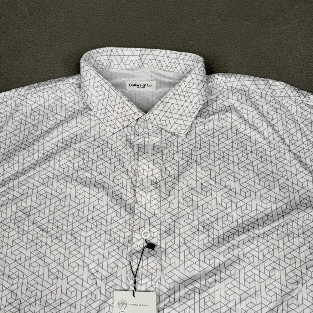 Collars & Co. Dress Spread Collar Polo Shirt Men 2XL White Geometric Lightweight